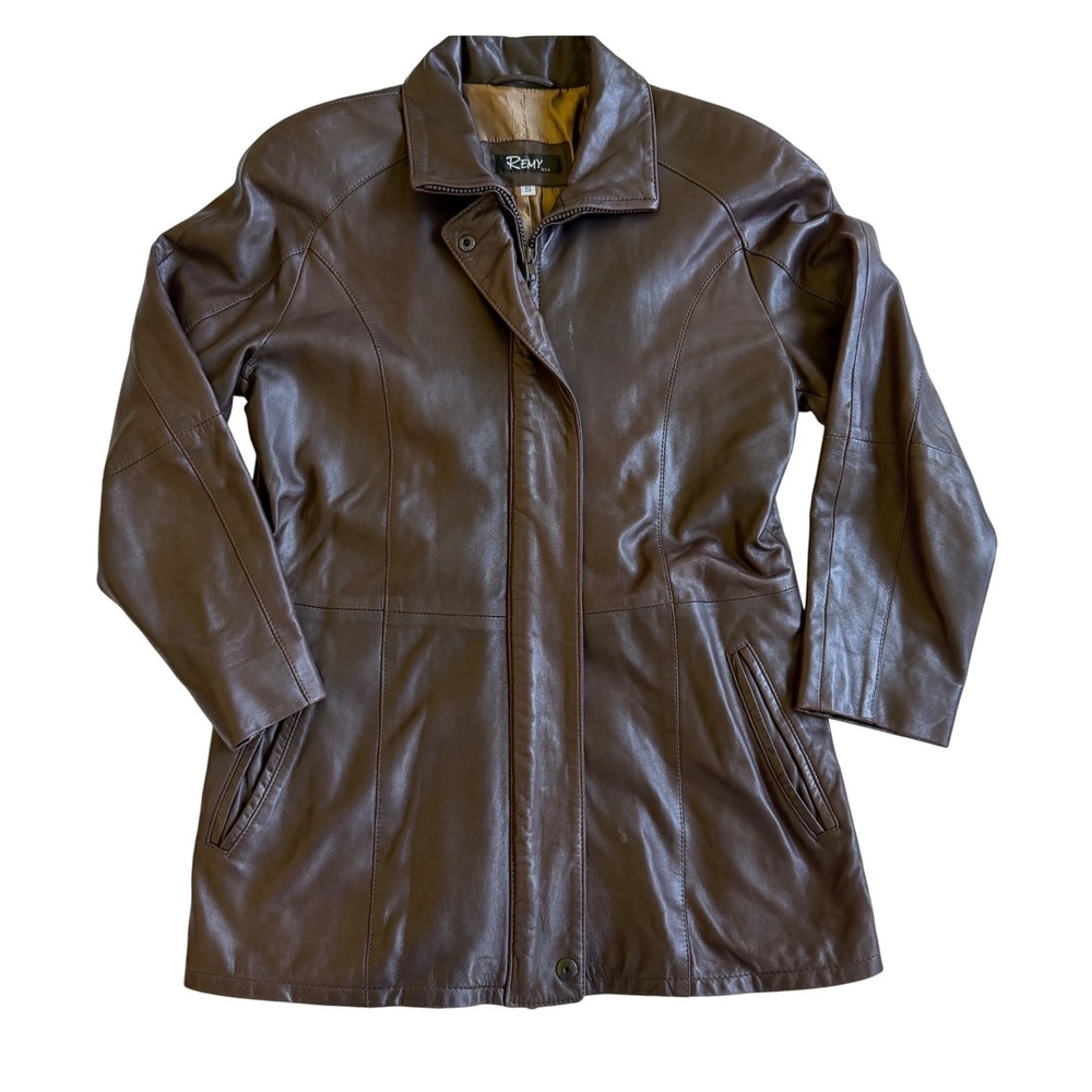 Vintage REMY Brown Leather Jacket Car Coat Late 80s 90s Made in USA Size Small